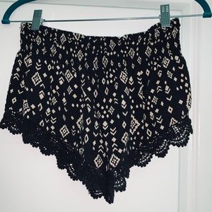 Flowy Black Shorts with Creme Pattern, Lace Trim